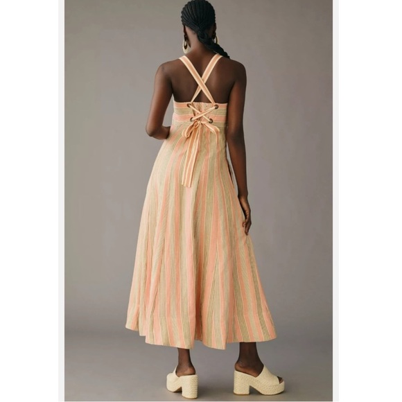 Anthropologie Maeve Square-Neck Tie-Back Maxi Dress Pink Stripe Linen Size 6 - Picture 3 of 16